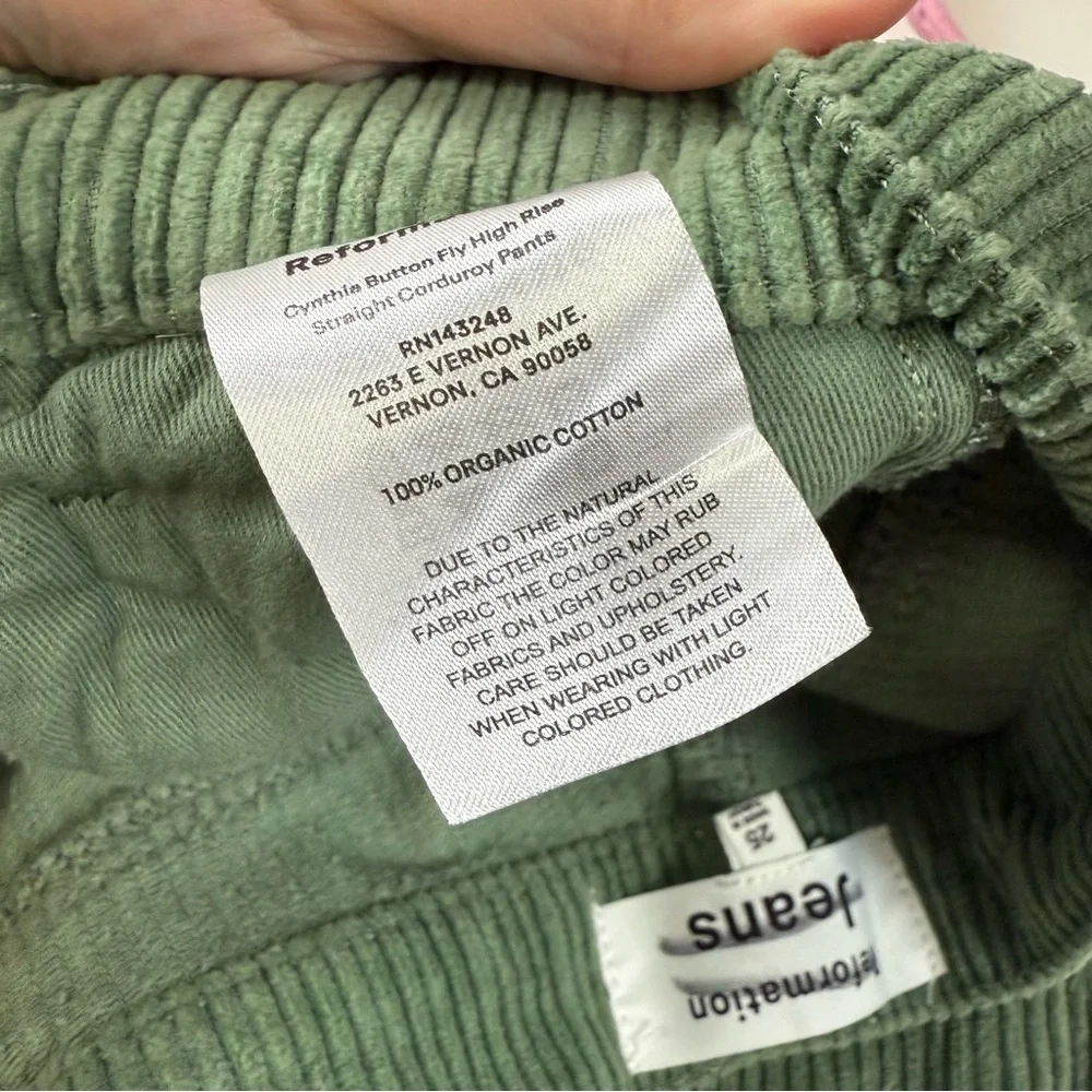 Reformation Cynthia Pants Womens 25 Green Corduroy High Rise Straight Moss Jeans - Picture 6 of 12